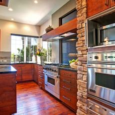 Rustic Zen Kitchen Features Stainless Steel Wall Ovens