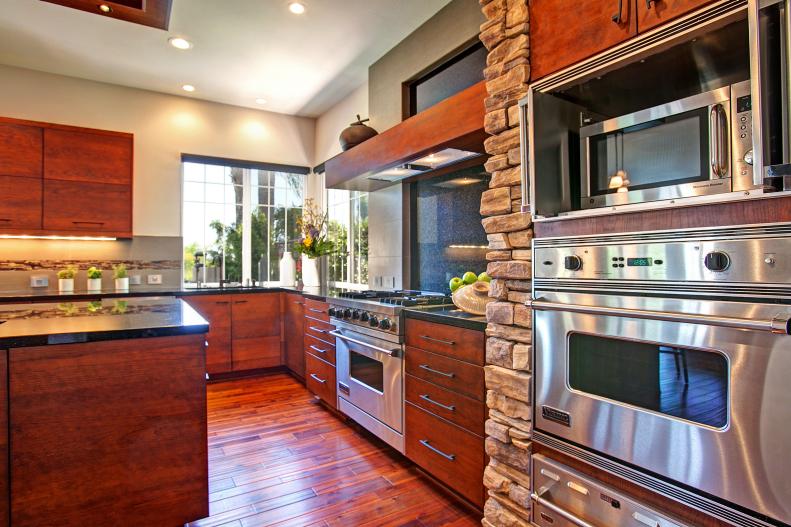 Asian Kitchen With Stainless Steel Appliances & Wood Cabinets