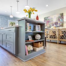 Gray Island With Built-In Bookshelf in Contemporary Kitchen