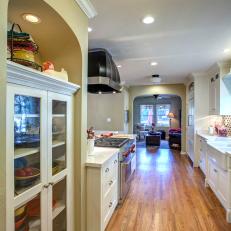 Charming White China Cabinet in Transitional Kitchen