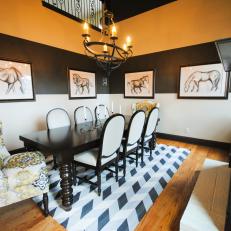Black and White Striped Dining Room With Horse Art