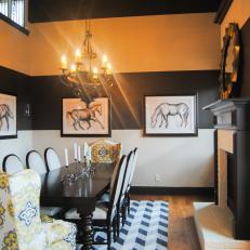 Black and White Striped Dining Room With Fireplace