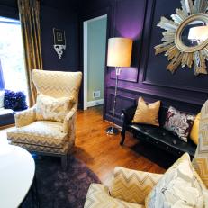 Purple Eclectic Living Room With Sunburst Mirror
