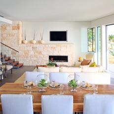 Neutral Open Plan Contemporary Dining and Living Area With Open Wall