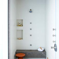 White Tile Asian Shower With Wood Stool