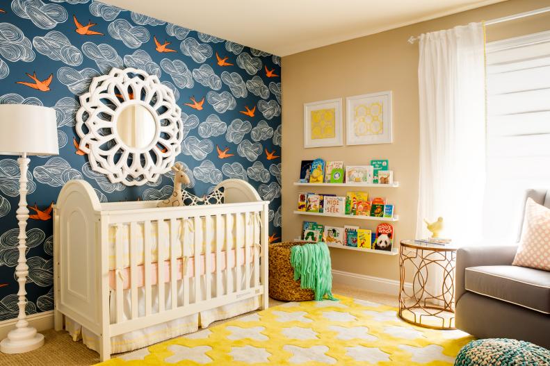 Contemporary Nursery With Sparrow Wallpaper