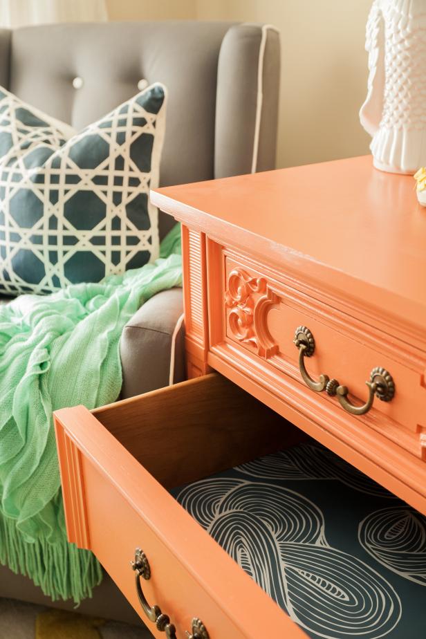 Orange Dresser With Blue Patterned Drawer Liner Hgtv