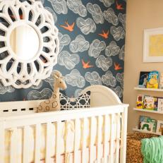 Blue and Neutral Contemporary Nursery With Bird Wallpaper