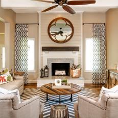Neutral Contemporary Rustic Family Room With Striped Rug