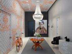 Contemporary White & Gray Foyer With Orange Table & Bicycle