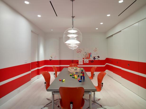 Red & White Modern Kid's Space With Orange Chairs & Long Metal Table