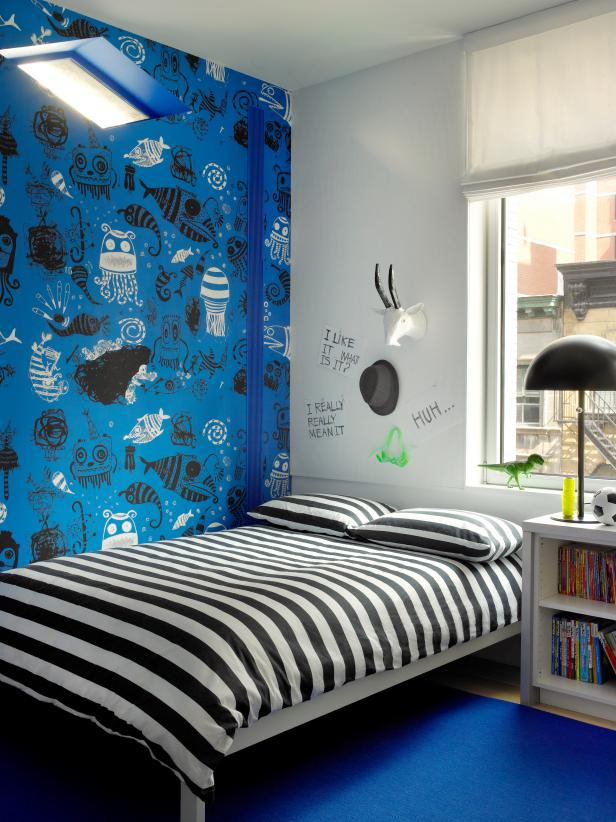 Bedroom With Graphic Accent Wall, Black & White Striped Duvet 