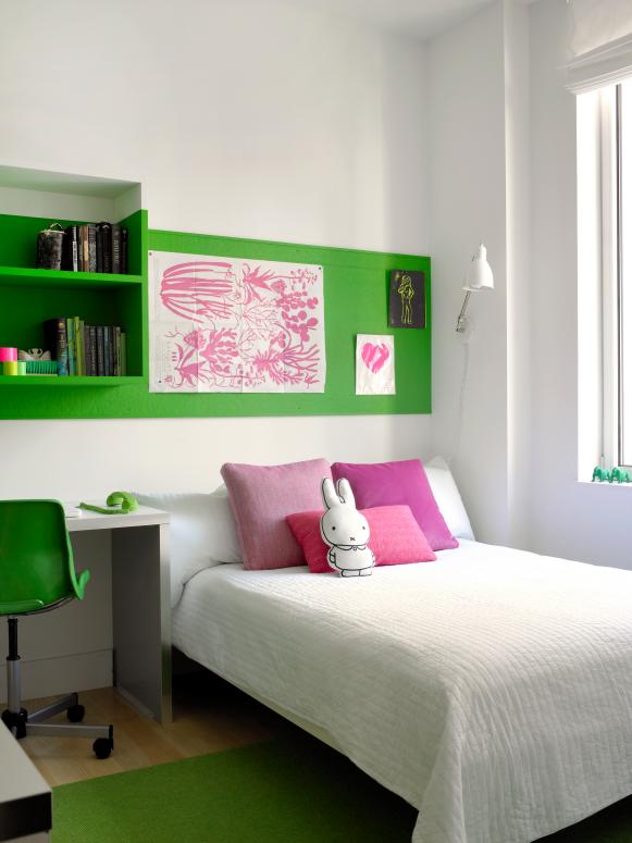 White Bedroom With Green Stripe of Paint, Pink Pillows & Art