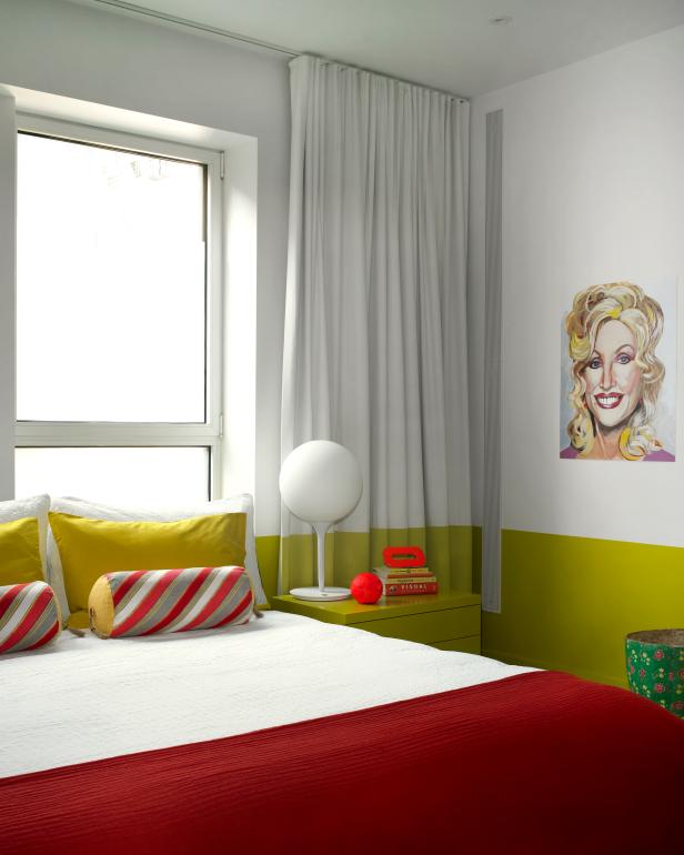 White Bedroom With Dolly Parton Caricature, Yellow & White Curtains