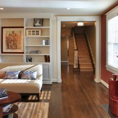 Cozy Transitional Living Room With Wall of Built-Ins