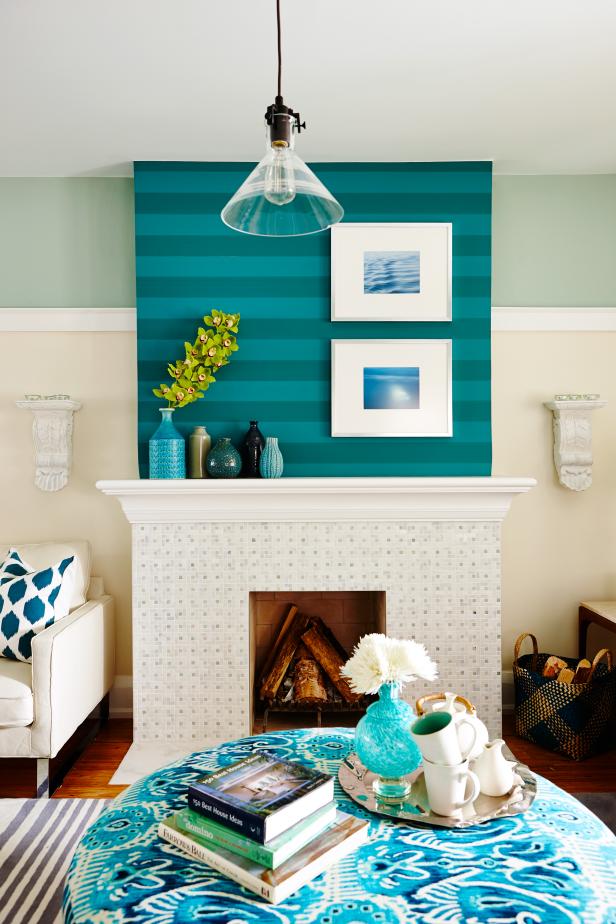 Neutral Living Room With White and Turquoise Fireplace Surround