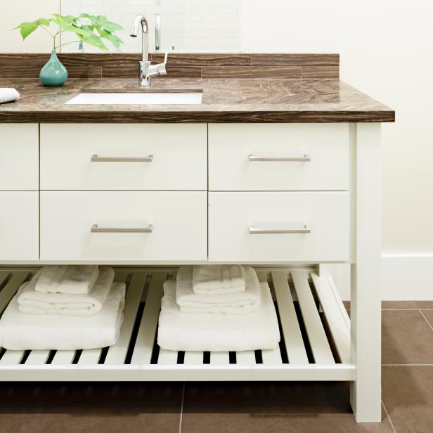 White Vanity With Open Shelf, Brown Countertop, Undermount Sink