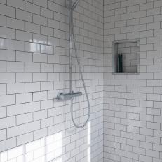 White Subway Tile Shower With Contemporary Showerhead