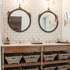 Master Bathroom Features Open Wood Vanity & Subway Tile