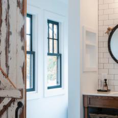 Rustic Barn Door Leads Into Transitional Master Bathroom