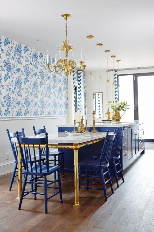 Antique-Style Kitchen With Blue Accents and Large Kitchen Island