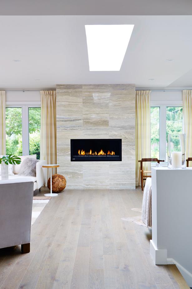 Modern Fireplace With Limestone Tile, Contemporary Fireplace Tile