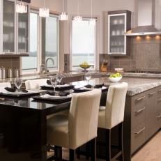 Contemporary Eat-In Kitchen With Frosted Glass Cabinets