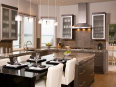 Contemporary Eat-In Kitchen With Frosted Glass Cabinets