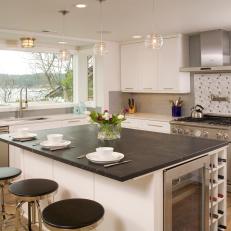 White Transitional Kitchen With Water View