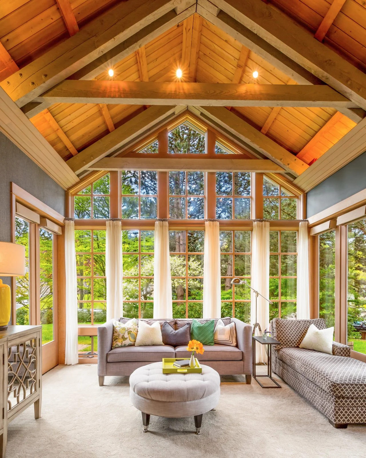 Beautiful Gray Great Room With Vaulted Wood Ceiling HGTV