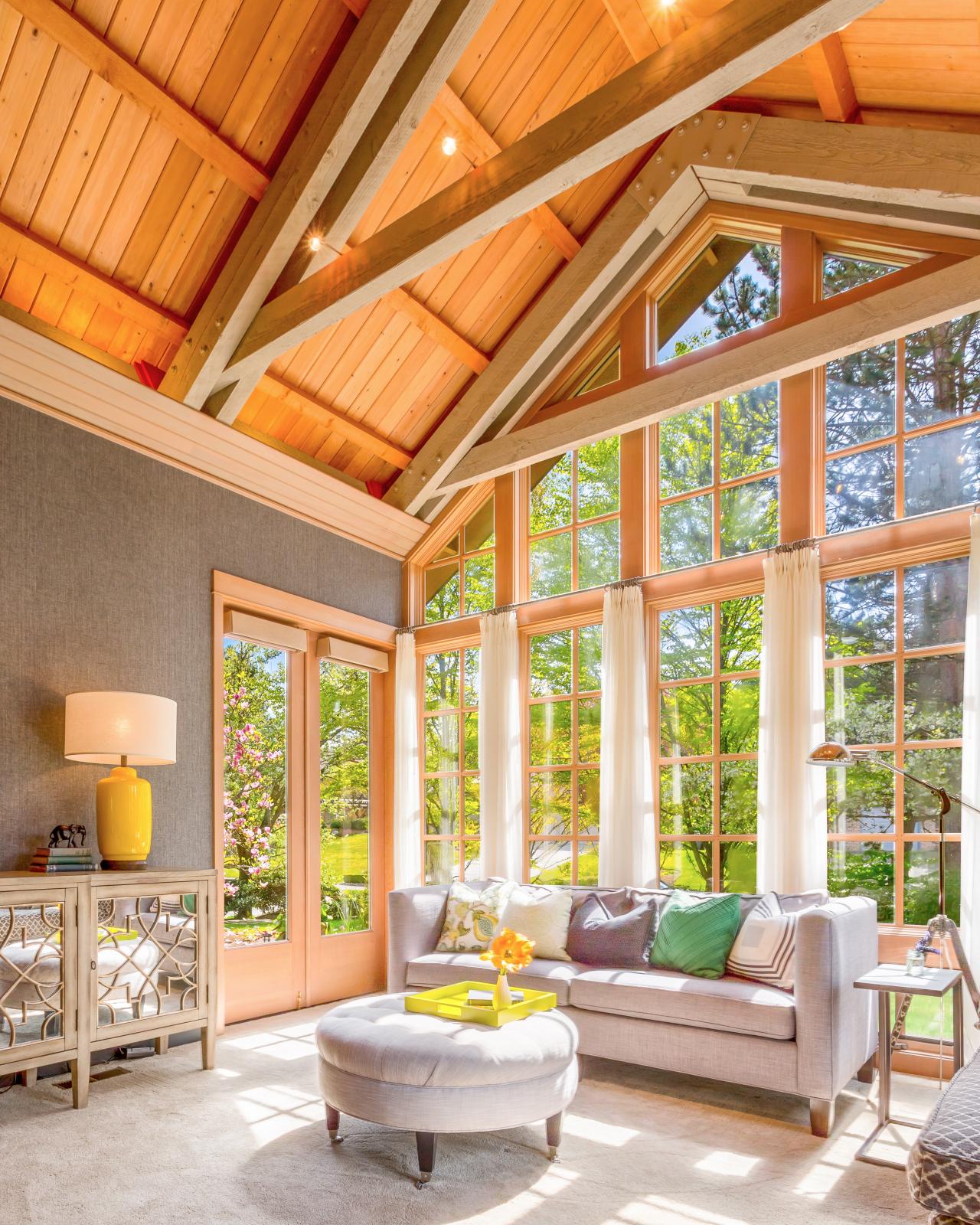 Neutral Transitional Great Room With Vaulted Wood Ceiling Hgtv