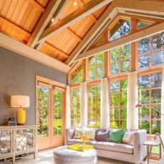 Neutral Transitional Great Room With Vaulted Wood Ceiling 