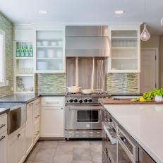 Green and White Contemporary Kitchen With Stainless Steel Range