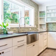 Green and White Contemporary Kitchen With Green Backsplash