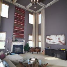 Eclectic Family Room Boasts Distressed Coffered Ceiling