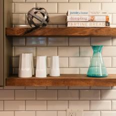Floating Wood Shelves With Subway Tile Backsplash