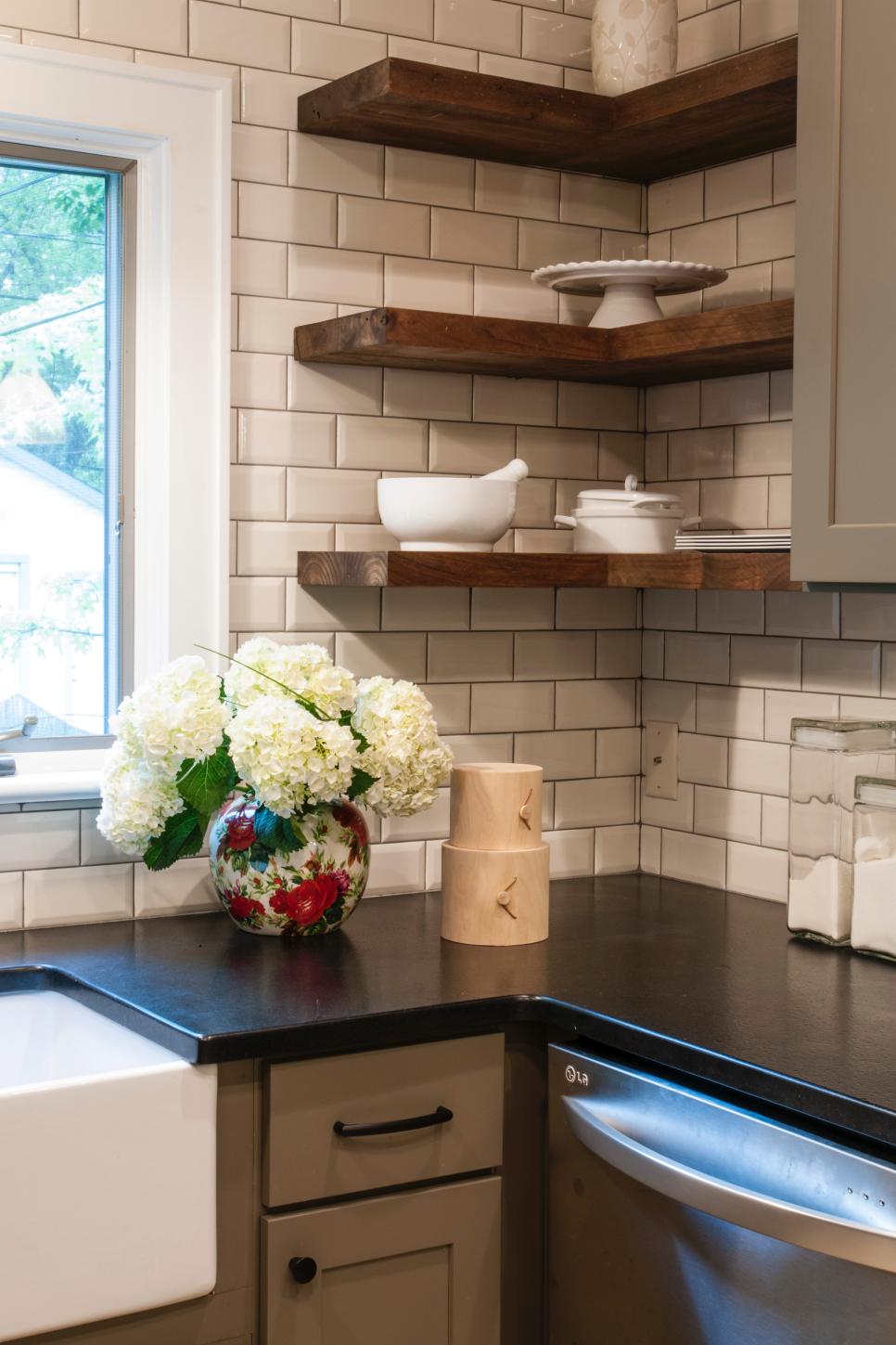 Black Kitchen Countertop and White Subway Tile Backsplash | HGTV