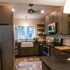 Brown and White Transitional Kitchen With Subway Tile Backsplash