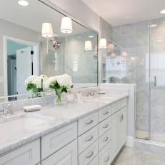 Transitional Bathroom Boasts Gorgeous Marble Throughout