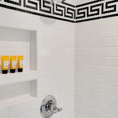 Greek Key Design in White Tile Shower