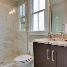 Transitional Bathroom Features Marble Tile Shower