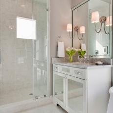 Transitional Bathroom Boasts Mirrored Vanity & Marble Shower