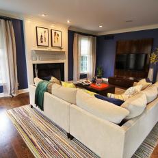 Blue and White Transitional Living Room With Striped Rug