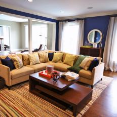 Blue and White Transitional Living Room  With Sectional Sofa