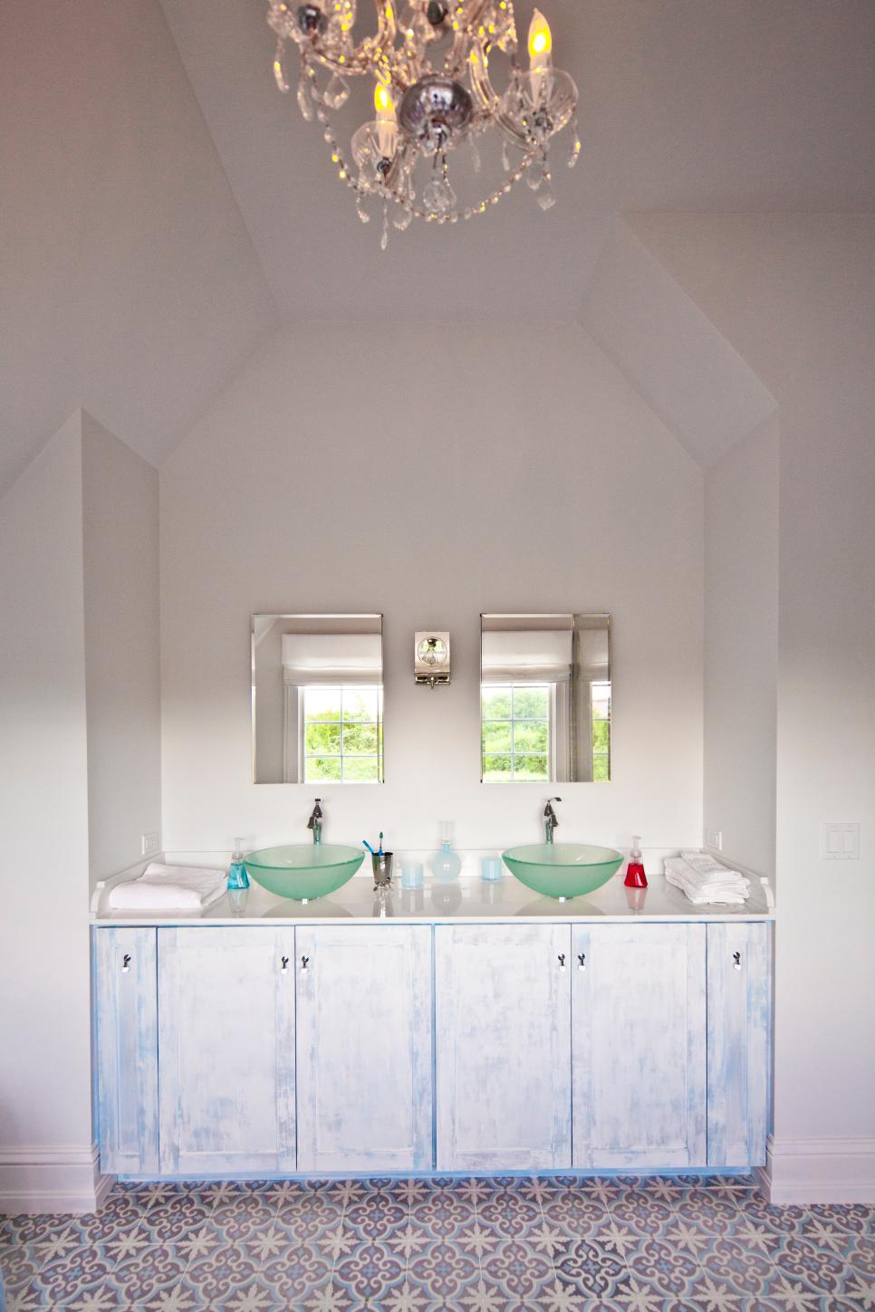 Beach Inspired Bathroom  Boasts Green Glass Vessel  Sinks  HGTV