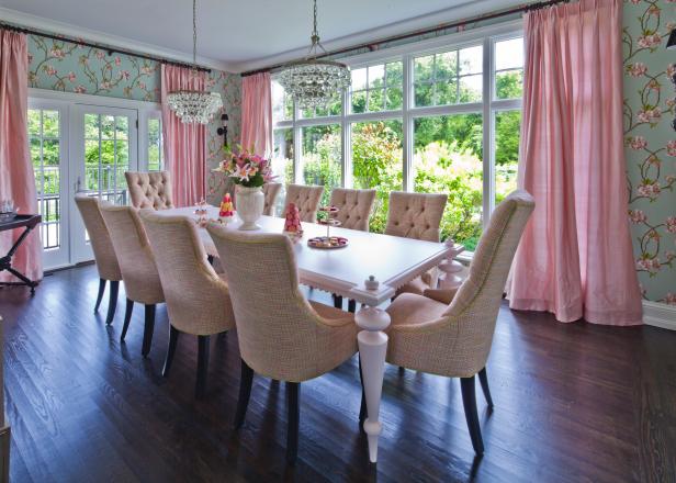 Green Floral Dining Room With Pink Dining Table and Pink Curtains