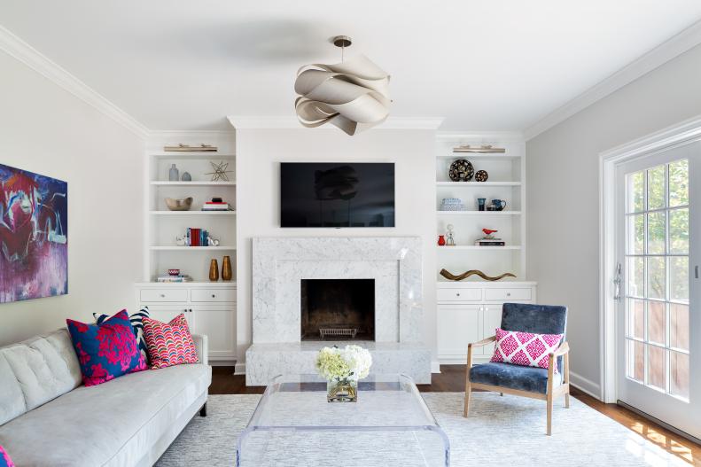 Neutral Transitional Living Room With Pink & Blue Accents