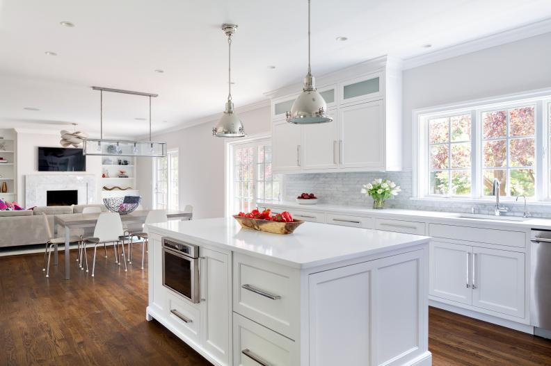 Transitional Open Concept Kitchen With White Cabinets and Island