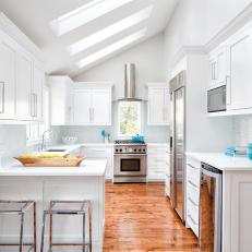 Bright & Airy Transitional Kitchen Features Vibrant Blue Accessories