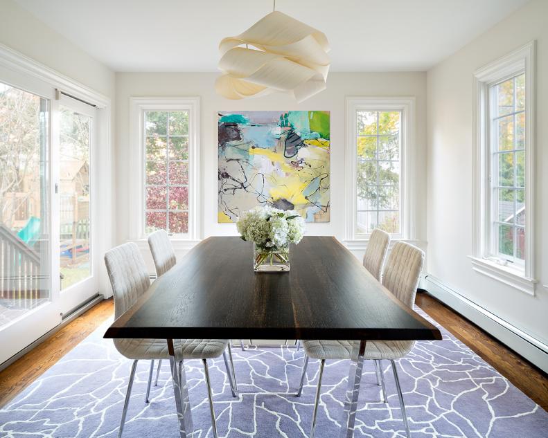 Neutral Contemporary Dining Room With Dark Wood Table & Lilac Rug